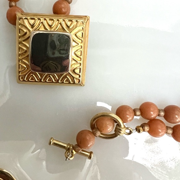 Vintage Peach Fuzz Glass Beads 22” Mirrored Tin Statement Necklace 1960’s MCM - Picture 4 of 8